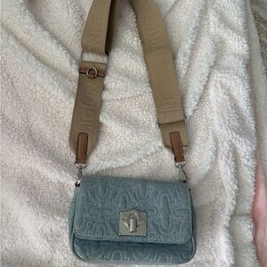 True Religion Quilted Light Blue Denim Crossbody with Tan Strap